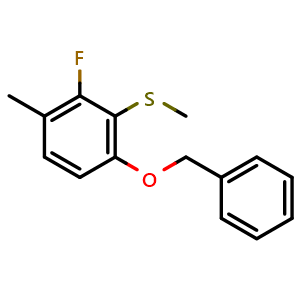 Chemical structure of (6-(Benzyloxy)-2-fluoro-3-methylphenyl)(methyl)sulfane , CAS 2586127-10-6, AChemBlock X174188