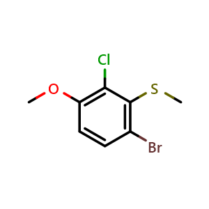 Chemical structure of (6-Bromo-2-chloro-3-methoxyphenyl)(methyl)sulfane , CAS 2090483-49-9, AChemBlock X174198
