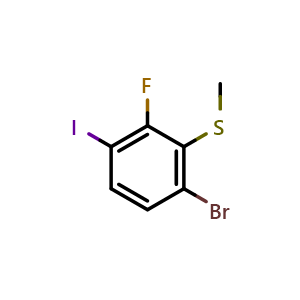 Chemical structure of (6-Bromo-2-fluoro-3-iodophenyl)(methyl)sulfane , CAS 2385566-77-6, AChemBlock X174201