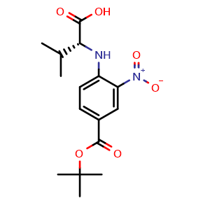 Chemical structure of (R)-2-(4-(tert-butoxycarbonyl)-2-nitrophenylamino)-3-methylbutanoic acid , CAS 1497413-82-7, AChemBlock X174289