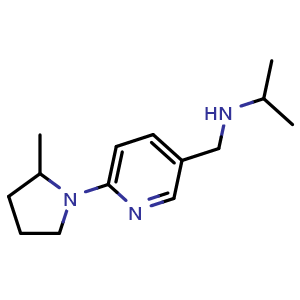 Chemical structure of {[6-(2-methylpyrrolidin-1-yl)pyridin-3-yl]methyl}(propan-2-yl)amine , CAS 1270911-03-9, AChemBlock X174350
