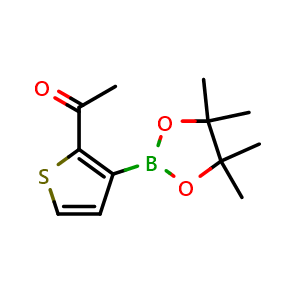 Chemical structure of 1-(3-(4,4,5,5-tetramethyl-1,3,2-dioxaborolan-2-yl)thiophen-2-yl)ethanone , CAS 864754-06-3, AChemBlock X174485