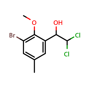 Chemical structure of 1-(3-Bromo-2-methoxy-5-methylphenyl)-2,2-dichloroethanol , CAS 2755718-29-5, AChemBlock X174536