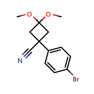 Chemical structure of 1-(4-Bromophenyl)-3,3-dimethoxycyclobutanecarbonitrile , CAS 872614-36-3, AChemBlock X174618