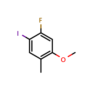 Chemical structure of 1-Fluoro-2-iodo-5-methoxy-4-methylbenzene , CAS 2386668-23-9, AChemBlock X175529