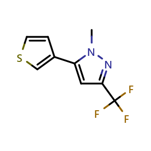 Chemical structure of 1-methyl-5-(thiophen-3-yl)-3-(trifluoromethyl)-1H-pyrazole , CAS 1532507-55-3, AChemBlock X175604