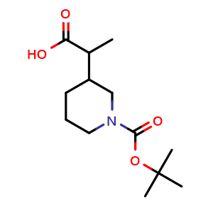 Chemical structure of 2-(1-(tert-butoxycarbonyl)piperidin-3-yl)propanoic acid , CAS 934342-38-8, AChemBlock X175623