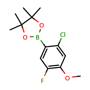 Chemical structure of 2-(2-chloro-5-fluoro-4-methoxyphenyl)-4,4,5,5-tetramethyl-1,3,2-dioxaborolane , CAS 2445647-03-8, AChemBlock X175682