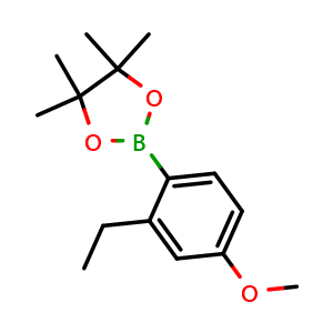 Chemical structure of 2-(2-Ethyl-4-methoxyphenyl)-4,4,5,5-tetramethyl-1,3,2-dioxaborolane , CAS 1674364-13-6, AChemBlock X175691