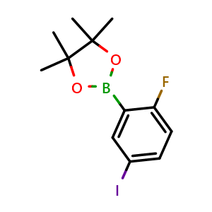 Chemical structure of 2-(2-Fluoro-5-iodophenyl)-4,4,5,5-tetramethyl-1,3,2-dioxaborolane , CAS 2379792-68-2, AChemBlock X175702