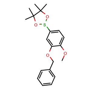 Chemical structure of 2-(3-(benzyloxy)-4-methoxyphenyl)-4,4,5,5-tetramethyl-1,3,2-dioxaborolane , CAS 1005010-03-6, AChemBlock X175720
