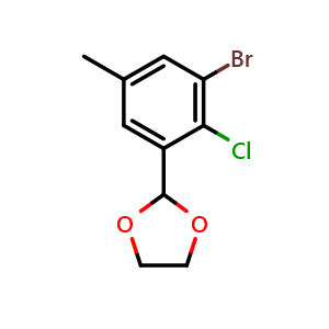 Chemical structure of 2-(3-bromo-2-chloro-5-methylphenyl)-1,3-dioxolane , CAS 2586125-73-5, AChemBlock X175738