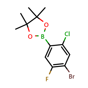 Chemical structure of 2-(4-Bromo-2-chloro-5-fluorophenyl)-4,4,5,5-tetramethyl-1,3,2-dioxaborolane , CAS 2223037-58-7, AChemBlock X175806