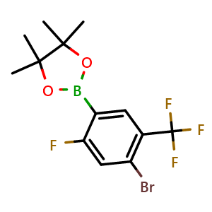 Chemical structure of 2-(4-bromo-2-fluoro-5-(trifluoromethyl)phenyl)-4,4,5,5-tetramethyl-1,3,2-dioxaborolane , CAS 2096337-75-4, AChemBlock X175810