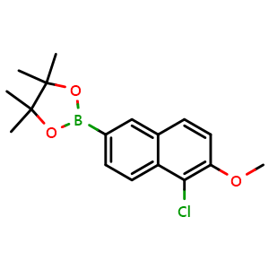 Chemical structure of 2-(5-Chloro-6-methoxynaphthalen-2-yl)-4,4,5,5-tetramethyl-1,3,2-dioxaborolane , CAS 2633024-44-7, AChemBlock X175897