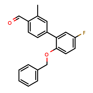 Chemical structure of 2'-(Benzyloxy)-5'-fluoro-3-methyl-[1,1'-biphenyl]-4-carbaldehyde , CAS 2624416-89-1, AChemBlock X176012