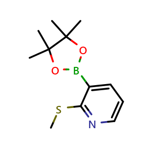 Chemical structure of 2-(Methylthio)-3-(4,4,5,5-tetramethyl-1,3,2-dioxaborolan-2-yl)pyridine , CAS 1073354-78-5, AChemBlock X176045