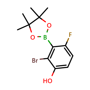 Chemical structure of 2-Bromo-4-fluoro-3-(4,4,5,5-tetramethyl-1,3,2-dioxaborolan-2-yl)phenol , CAS 2377606-56-7, AChemBlock X176658