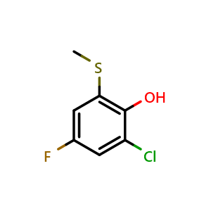 Chemical structure of 2-Chloro-4-fluoro-6-(methylthio)phenol , CAS 2711476-24-1, AChemBlock X176881