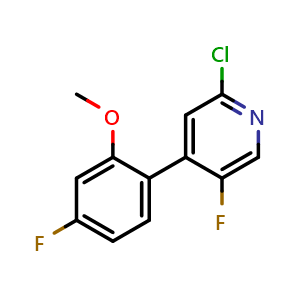 Chemical structure of 2-chloro-5-fluoro-4-(4-fluoro-2-methoxyphenyl)pyridine , CAS 1602486-03-2, AChemBlock X176920