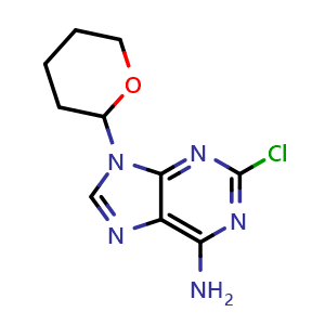 Chemical structure of 2-chloro-9-(tetrahydro-2H-pyran-2-yl)-9H-purin-6-amine , CAS 77111-77-4, AChemBlock X176952