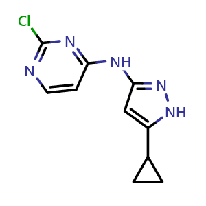Chemical structure of 2-Chloro-N-(5-cyclopropyl-1H-pyrazol-3-yl)pyrimidin-4-amine , CAS 851435-00-2, AChemBlock X176953