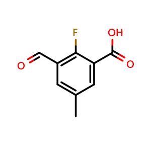 Chemical structure of 2-Fluoro-3-formyl-5-methylbenzoic acid , CAS 2167871-39-6, AChemBlock X177112