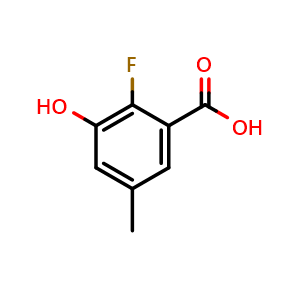 Chemical structure of 2-Fluoro-3-hydroxy-5-methylbenzoic acid , CAS 1891320-39-0, AChemBlock X177119