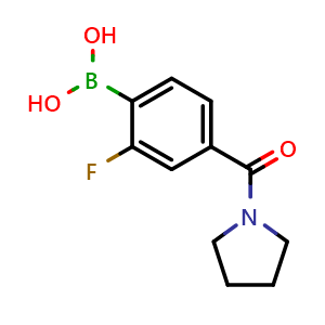 Chemical structure of 2-Fluoro-4-(pyrrolidinylcarbonyl)phenylboronic acid , CAS 874289-25-5, AChemBlock X177174