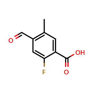 Chemical structure of 2-fluoro-4-formyl-5-methylbenzoic acid , CAS 2385179-43-9, AChemBlock X177182