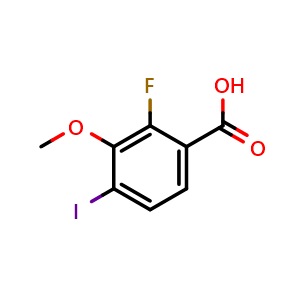 Chemical structure of 2-Fluoro-4-iodo-3-methoxybenzoic acid , CAS 2092790-44-6, AChemBlock X177186