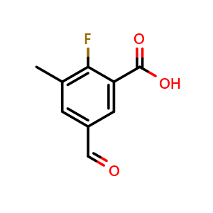 Chemical structure of 2-Fluoro-5-formyl-3-methylbenzoic acid , CAS 2385567-43-9, AChemBlock X177217