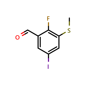 Chemical structure of 2-Fluoro-5-iodo-3-(methylthio)benzaldehyde , CAS 2643368-22-1, AChemBlock X177219