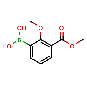Chemical structure of 2-methoxy-3-(methoxycarbonyl)phenylboronic acid , CAS 1332637-14-5, AChemBlock X177339