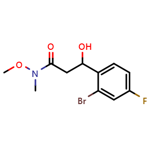 Chemical structure of 3-(2-Bromo-4-fluorophenyl)-3-hydroxy-N-methoxy-N-methylpropanamide , CAS 2755720-31-9, AChemBlock X177459