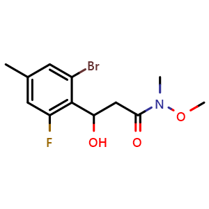 Chemical structure of 3-(2-Bromo-6-fluoro-4-methylphenyl)-3-hydroxy-N-methoxy-N-methylpropanamide , CAS 2755718-41-1, AChemBlock X177463