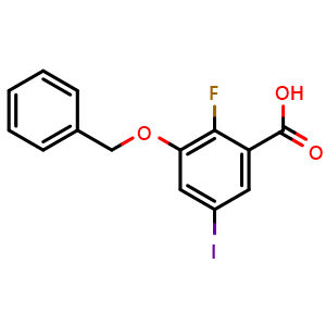 Chemical structure of 3-(Benzyloxy)-2-fluoro-5-iodobenzoic acid , CAS 2764729-31-7, AChemBlock X177538
