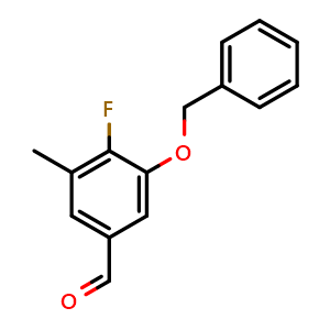 Chemical structure of 3-(benzyloxy)-4-fluoro-5-methylbenzaldehyde , CAS 2586125-86-0, AChemBlock X177556