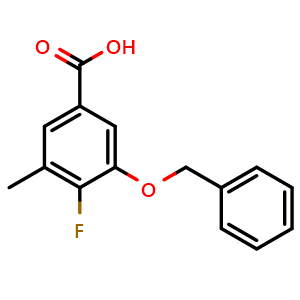 Chemical structure of 3-(benzyloxy)-4-fluoro-5-methylbenzoic acid , CAS 2586126-31-8, AChemBlock X177557