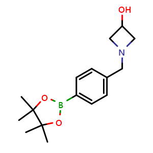 Chemical structure of 3-Azetidinol, 1-[[4-(4,4,5,5-tetramethyl-1,3,2-dioxaborolan-2-yl)phenyl]methyl]- , CAS 2088249-38-9, AChemBlock X177775