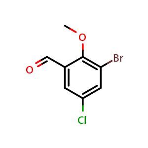 Chemical structure of 3-Bromo-5-chloro-2-methoxybenzaldehyde , CAS 25299-26-7, AChemBlock X177926