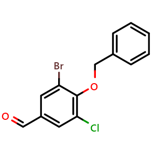 Chemical structure of 3-Bromo-5-chloro-4-(phenylmethoxy)benzaldehyde , CAS 872136-25-9, AChemBlock X177931
