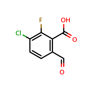 Chemical structure of 3-Chloro-2-fluoro-6-formylbenzoic acid , CAS 2384182-29-8, AChemBlock X178055