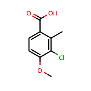 Chemical structure of 3-Chloro-4-methoxy-2-methylbenzoic acid , CAS 2385636-04-2, AChemBlock X178100
