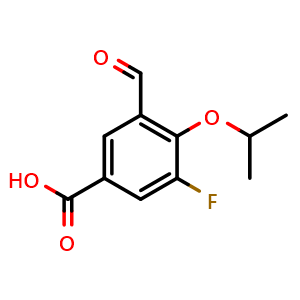 Chemical structure of 3-Fluoro-5-formyl-4-isopropoxybenzoic acid , CAS 2138215-46-8, AChemBlock X178266