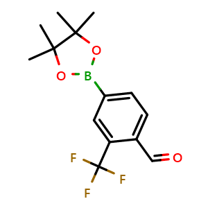 Chemical structure of 4-(4,4,5,5-Tetramethyl-1,3,2-dioxaborolan-2-yl)-2-(trifluoromethyl)benzaldehyde , CAS 1351478-38-0, AChemBlock X178436