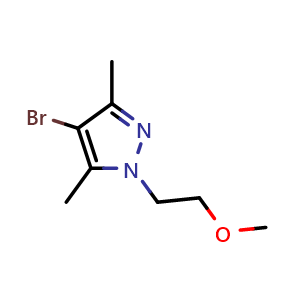 Chemical structure of 4-Bromo-1-(2-methoxyethyl)-3,5-dimethyl-1H-pyrazole , CAS 1342761-60-7, AChemBlock X178666