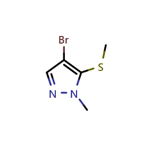 Chemical structure of 4-Bromo-1-methyl-5-(methylthio)-1H-pyrazole , CAS 2418642-17-6, AChemBlock X178696