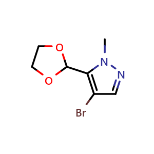 Chemical structure of 4-Bromo-5-(1,3-dioxolan-2-yl)-1-methyl-1H-pyrazole , CAS 2734773-75-0, AChemBlock X178856
