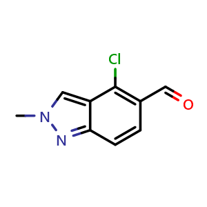 Chemical structure of 4-Chloro-2-methyl-2H-indazole-5-carbaldehyde , CAS 1891122-00-1, AChemBlock X178968